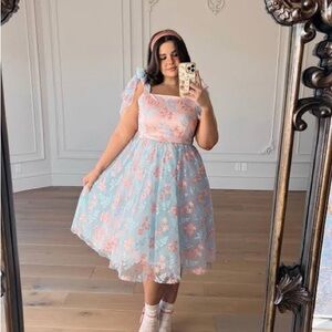 JessaKae Pastel Blue and Pink Floral Midi Dress